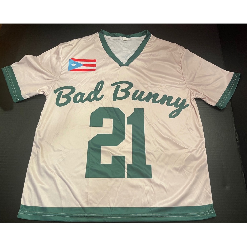 Bad Bunny Benito Bowl 21 Jersey Puerto Rico Flag Cream Green V-Neck Shirt XL